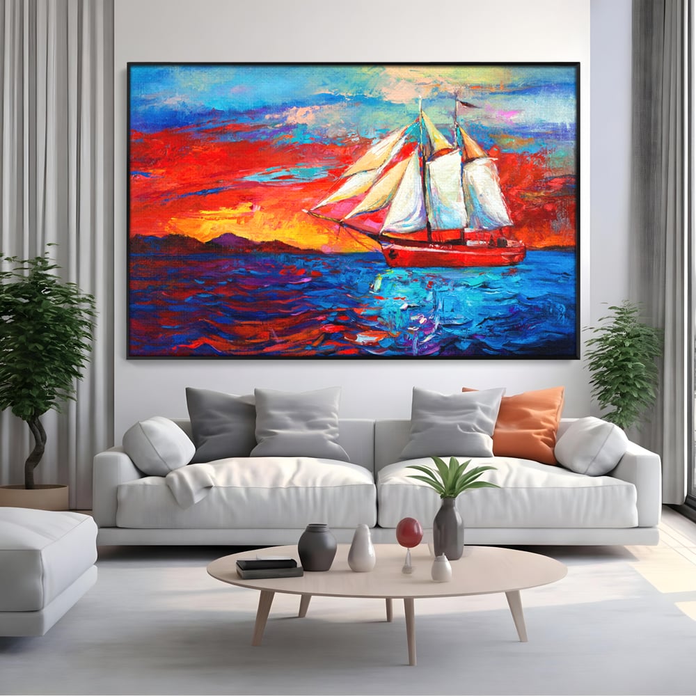 Tablou canvas cu tablou canvas cu vapor cu vele pe mare, in rama de aluminiu negru, pe perete intr-un living